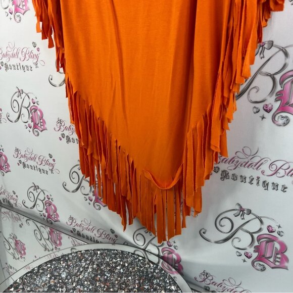 Poncho pull over bright Vibrant Orange Fringe Poncho tassle bottom hem comfy - Picture 4 of 10